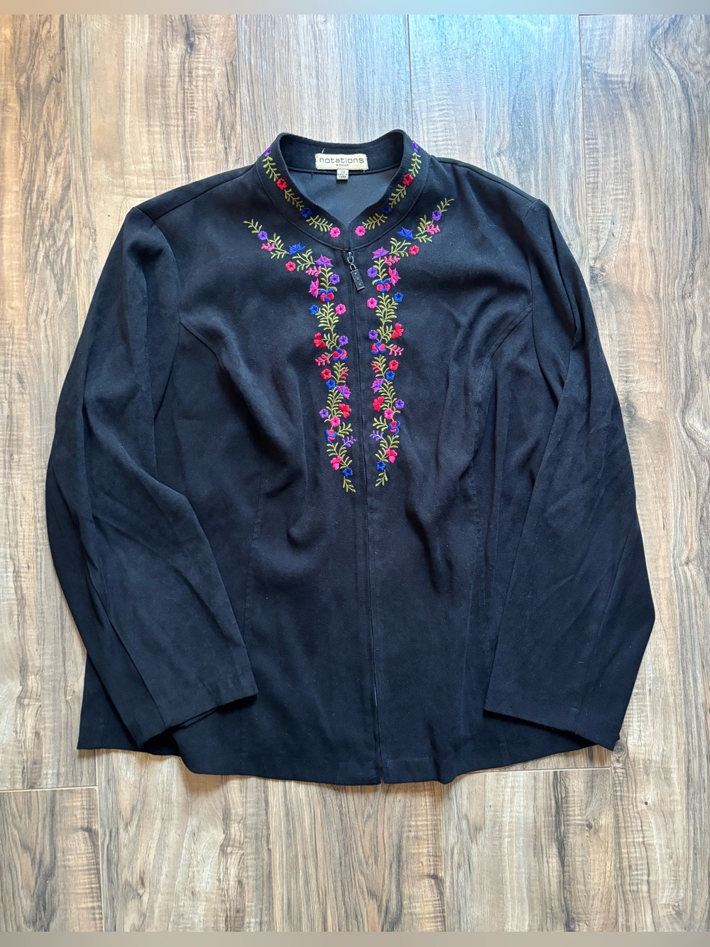 Notations Woman Black Faux Suede Embroidered Floral Zip Up Jacket Plus Size 2X